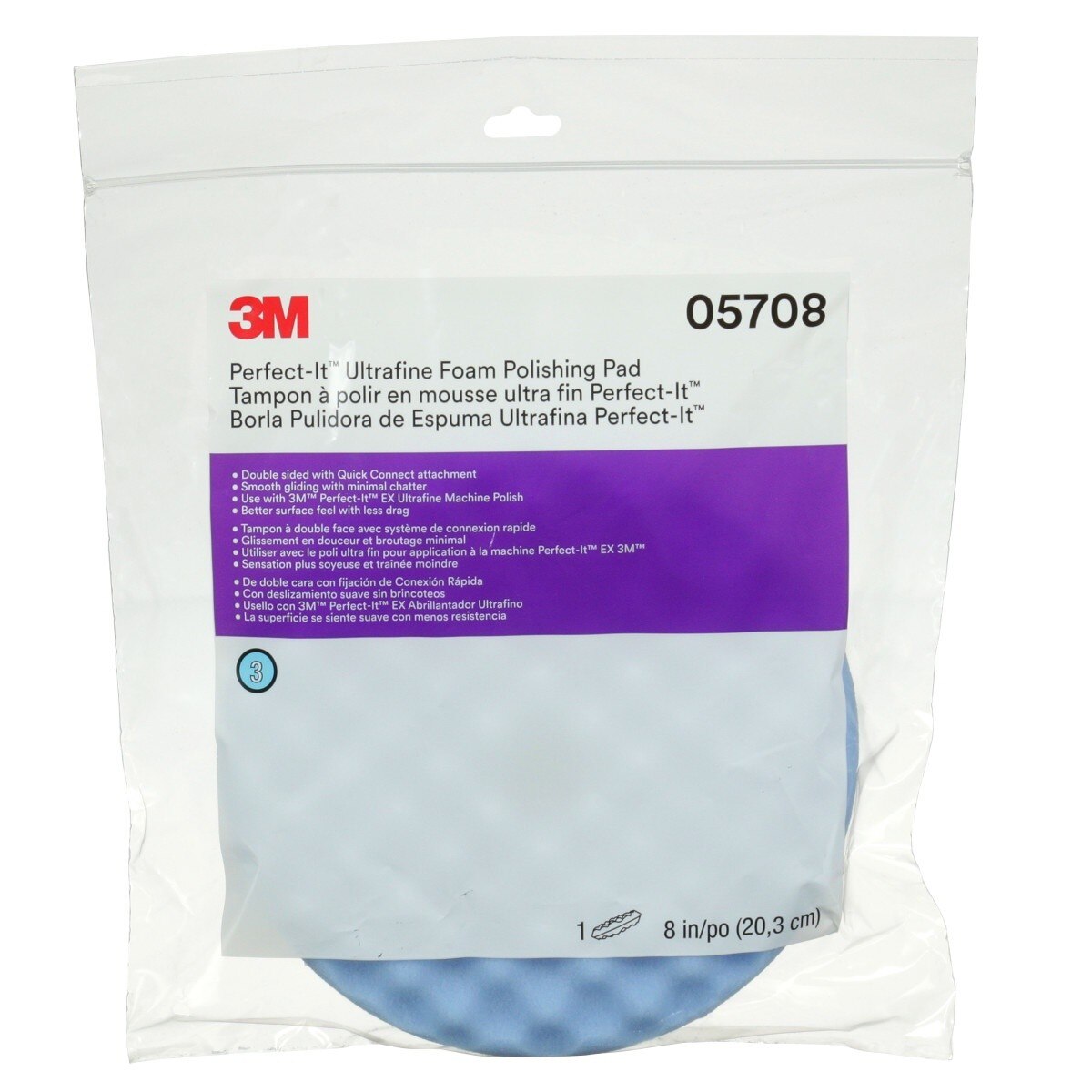 3M 05708 Hookit Ultrafine Foam Polishing Pad, Double Sided Quick Connect, Waffle Face, Blue, 8 in (7100145281) (6 Pack) - 5