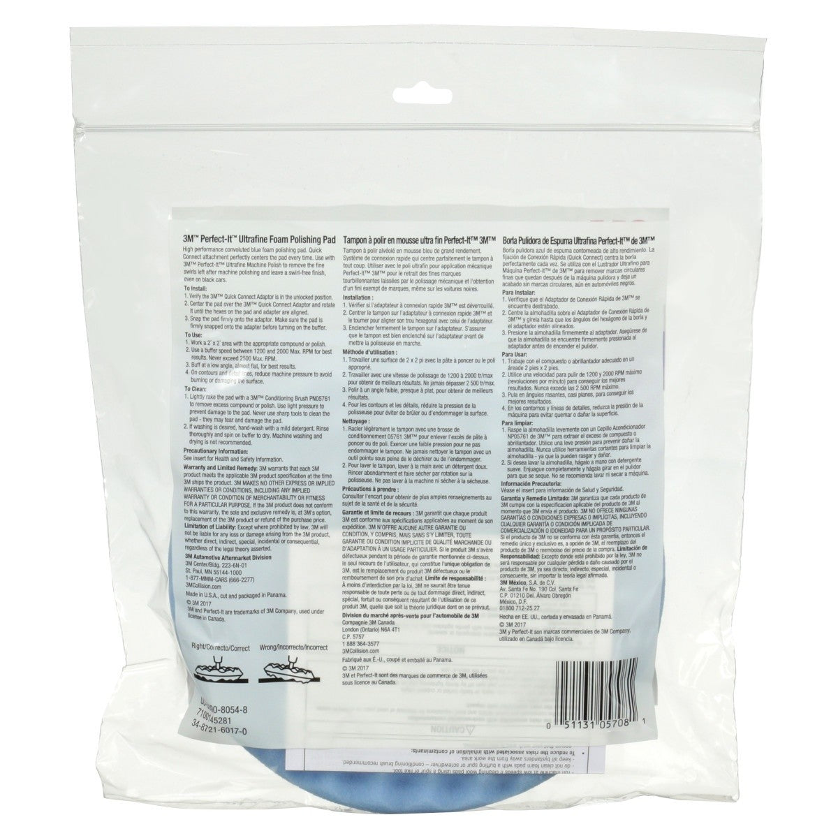 3M 05708 Hookit Ultrafine Foam Polishing Pad, Double Sided Quick Connect, Waffle Face, Blue, 8 in (7100145281) (6 Pack) - 8