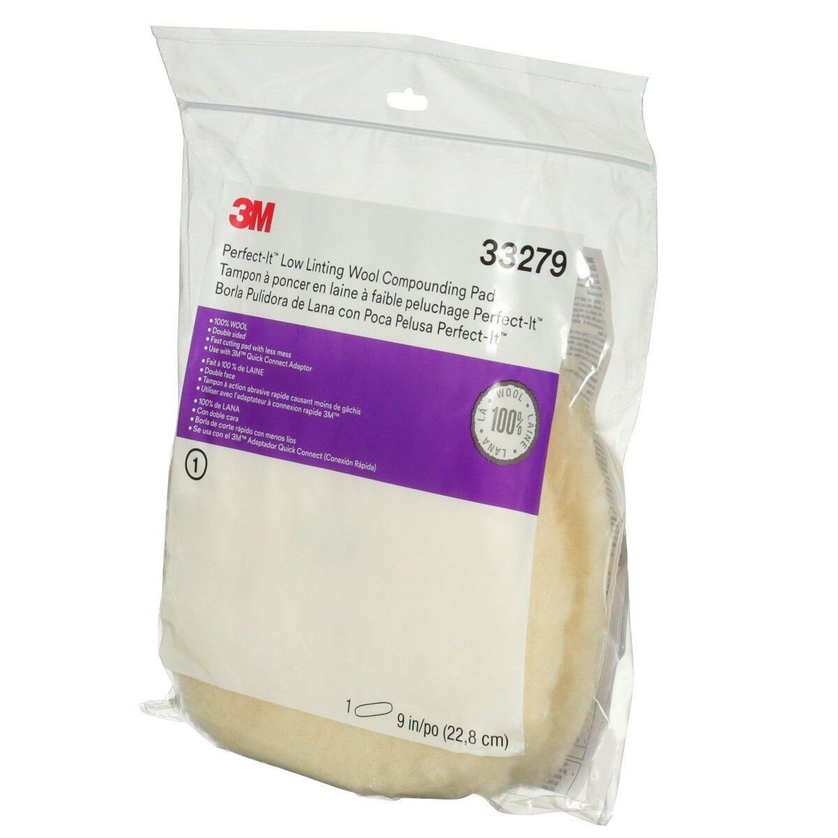 3M Perfect-It Low Linting Wool Compounding Pad, 100 Wool, White, 9 in (33279) (7100145353) (6 Pack) - 6