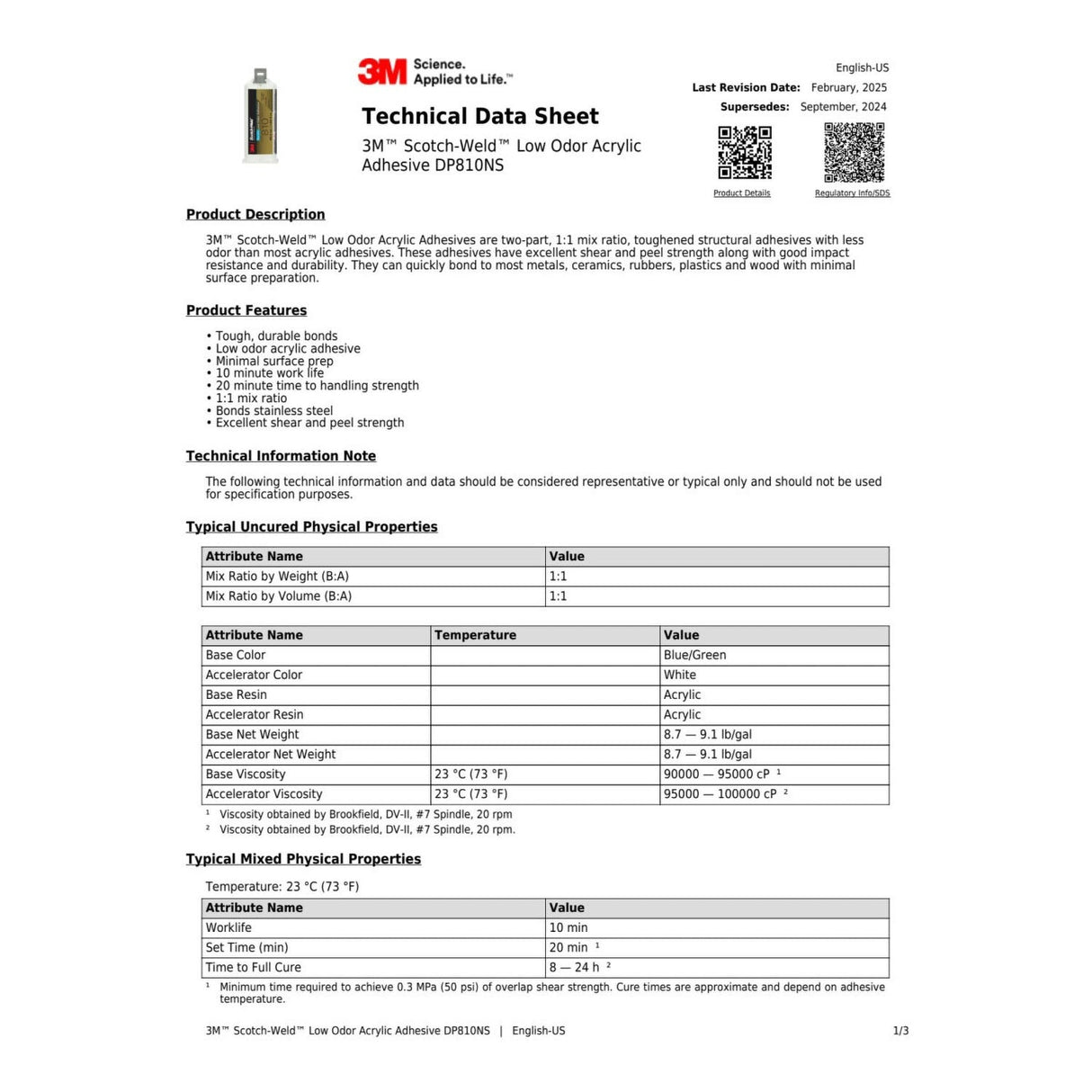 3M DP810NS Scotch-Weld Low Odor Acrylic Adhesive, Tan, 48.5 mL Duo-Pak (810NS) (7100148748) (12 Pack) - 2