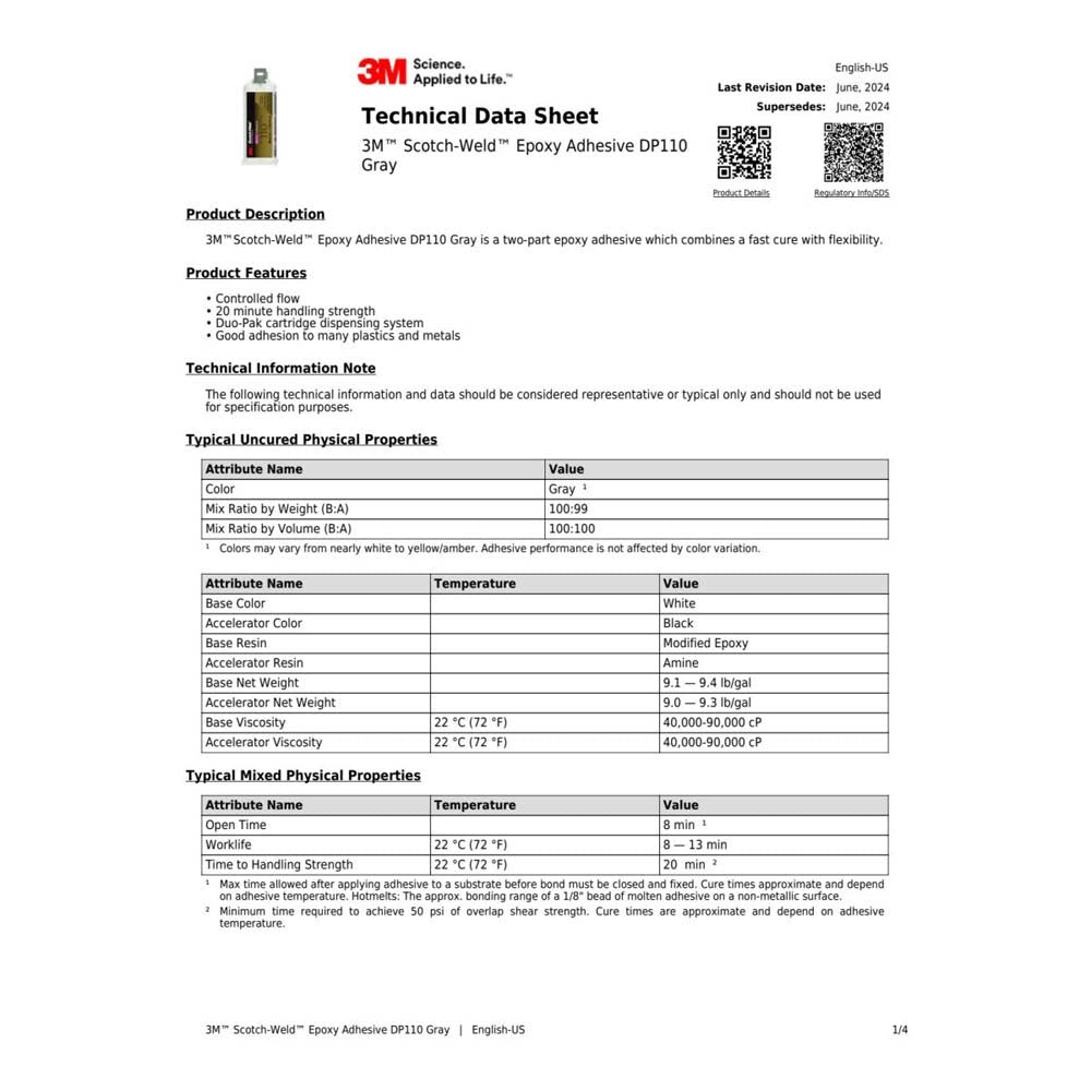 3M DP110 Epoxy Adhesive Gray Duo-Pak for Multi-Substrate Bonding (48.5 mL) (7100148777) - 2