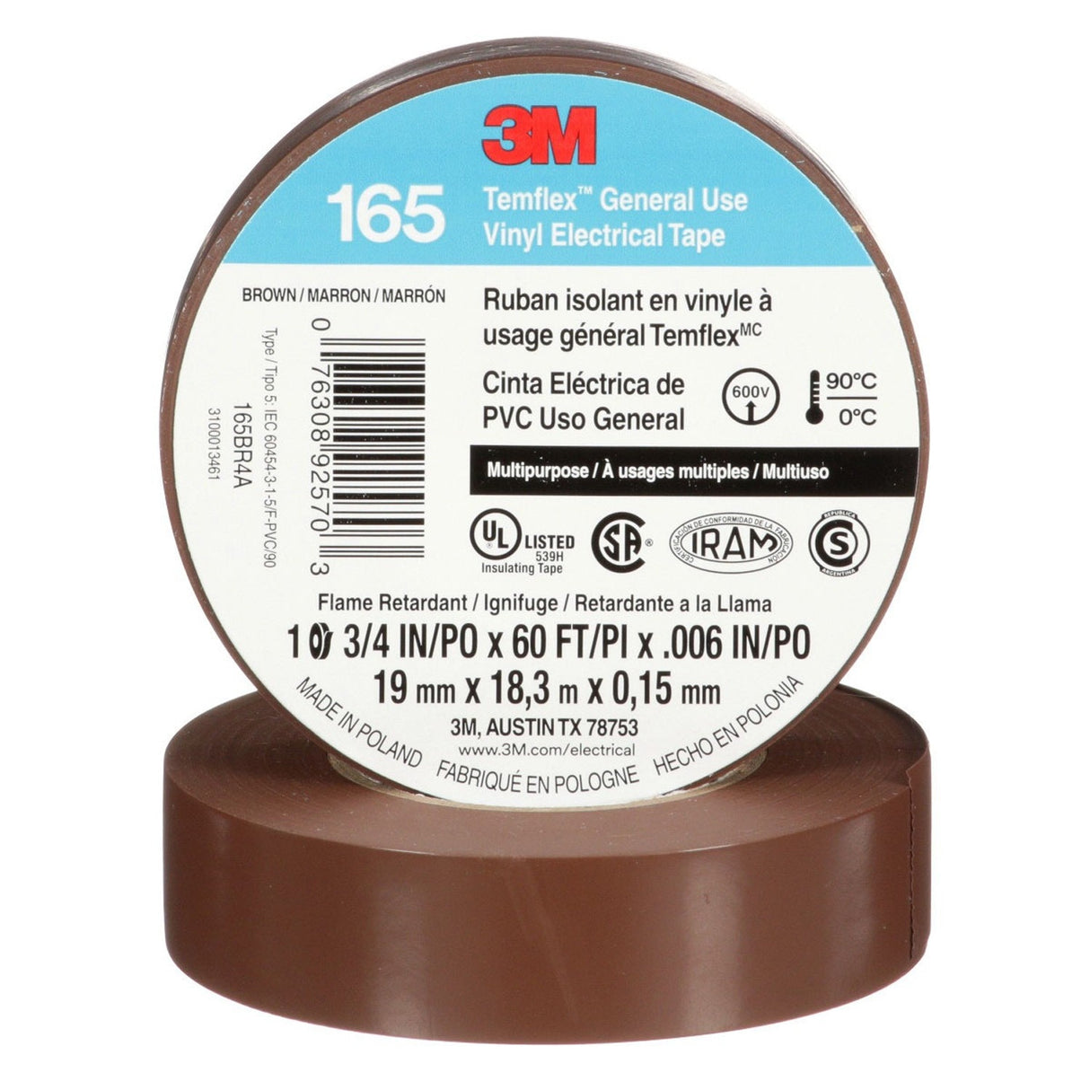 3M 165 165BR4A Temflex Vinyl Electrical Tape, Brown, 3/4 in x 60 ft, 6 mil, 600V, PVC Insulating Tape (7100169191) (10 Pack) - 5