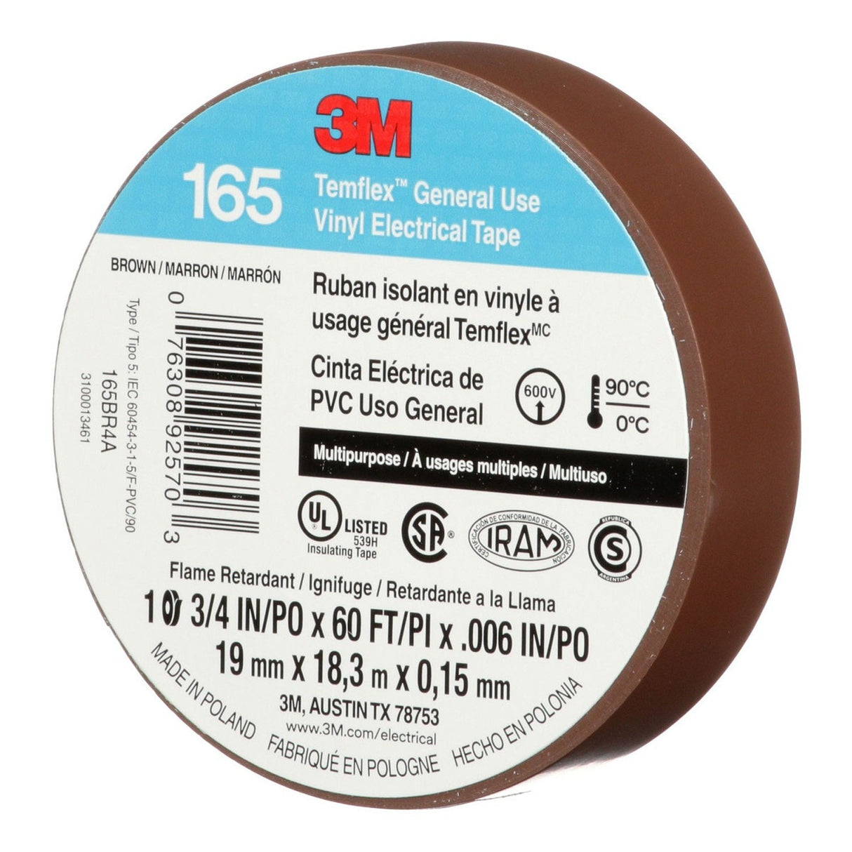 3M 165 165BR4A Temflex Vinyl Electrical Tape, Brown, 3/4 in x 60 ft, 6 mil, 600V, PVC Insulating Tape (7100169191) (10 Pack) - 7