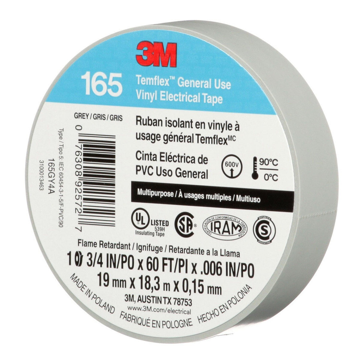 3M 165 Temflex Vinyl Electrical Tape, Gray, 0.75 in x 60 ft, 6 mil (165GY4A) (7100169192) (10 Roll Pack) (10 Pack) - 3
