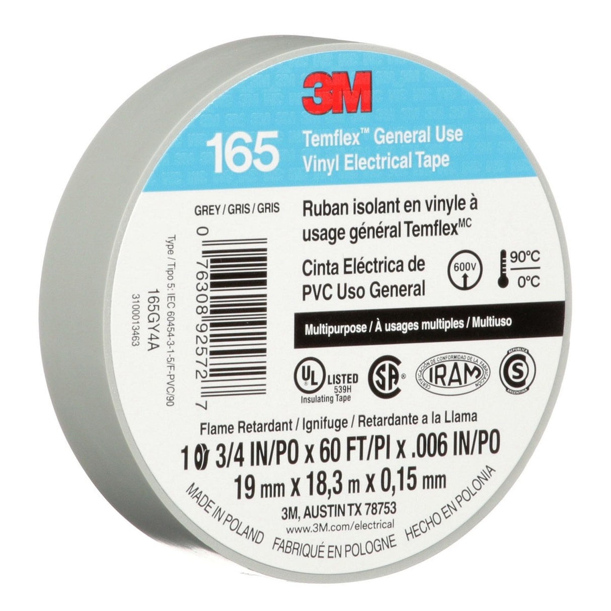 3M 165 Temflex Vinyl Electrical Tape, Gray, 0.75 in x 60 ft, 6 mil (165GY4A) (7100169192) (10 Roll Pack) (10 Pack) - 4