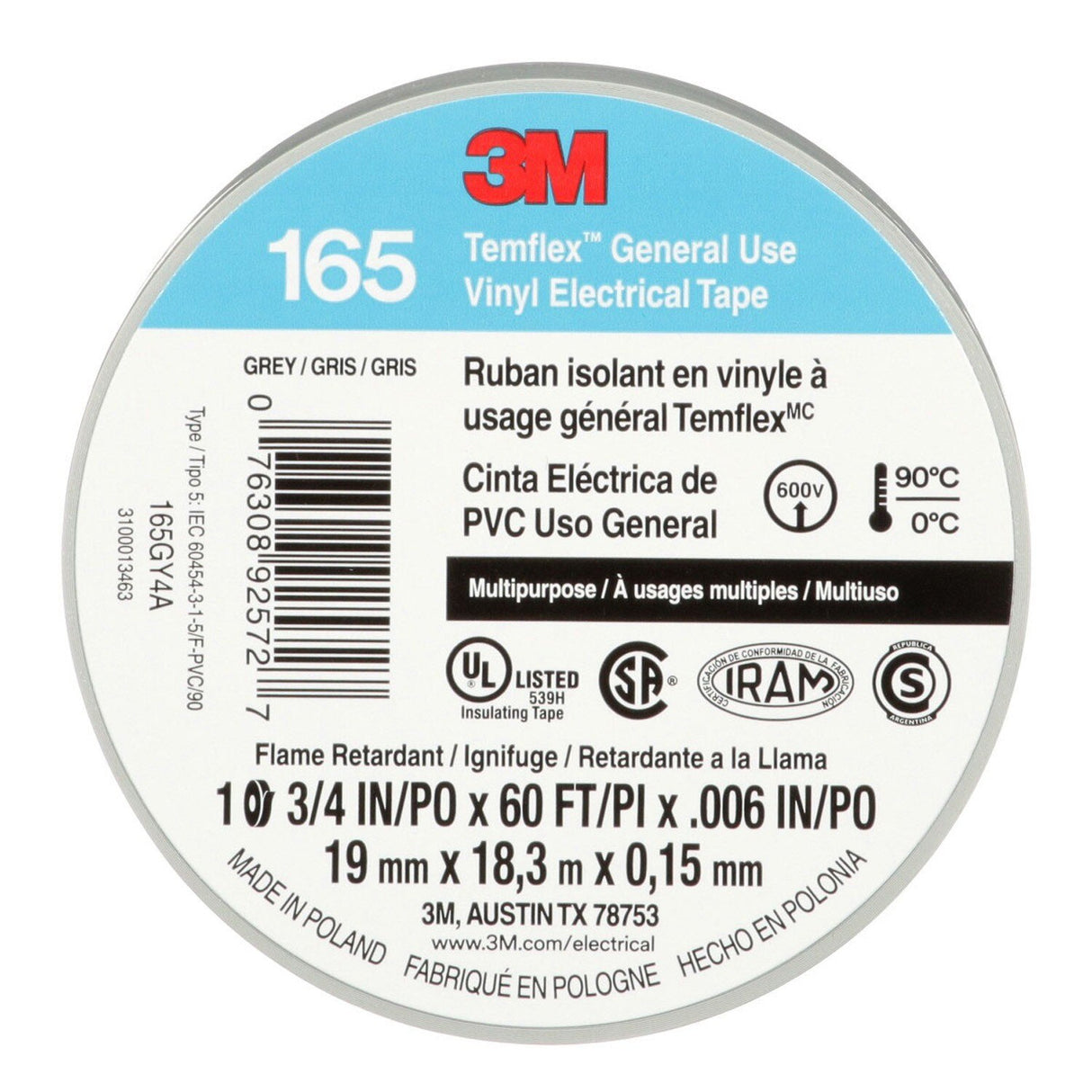 3M 165 Temflex Vinyl Electrical Tape, Gray, 0.75 in x 60 ft, 6 mil (165GY4A) (7100169192) (10 Roll Pack) (10 Pack) - 5