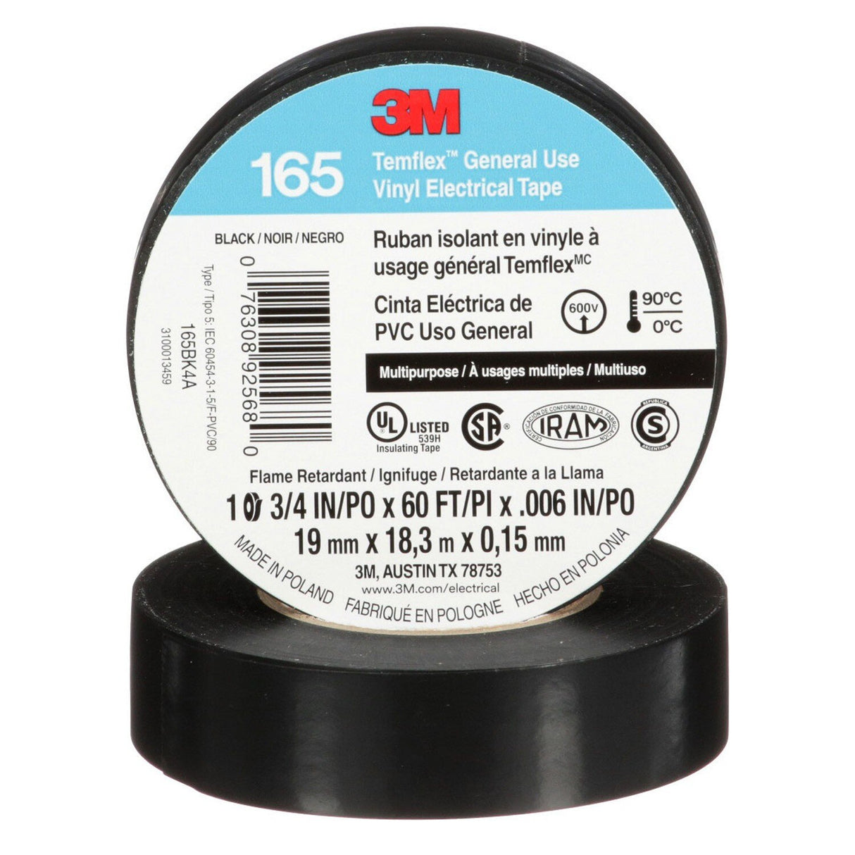 3M 165BK4A Temflex Vinyl Electrical Tape 165 Black 3/4 in x 60 ft x 0 in Multi-Purpose (7100169254)