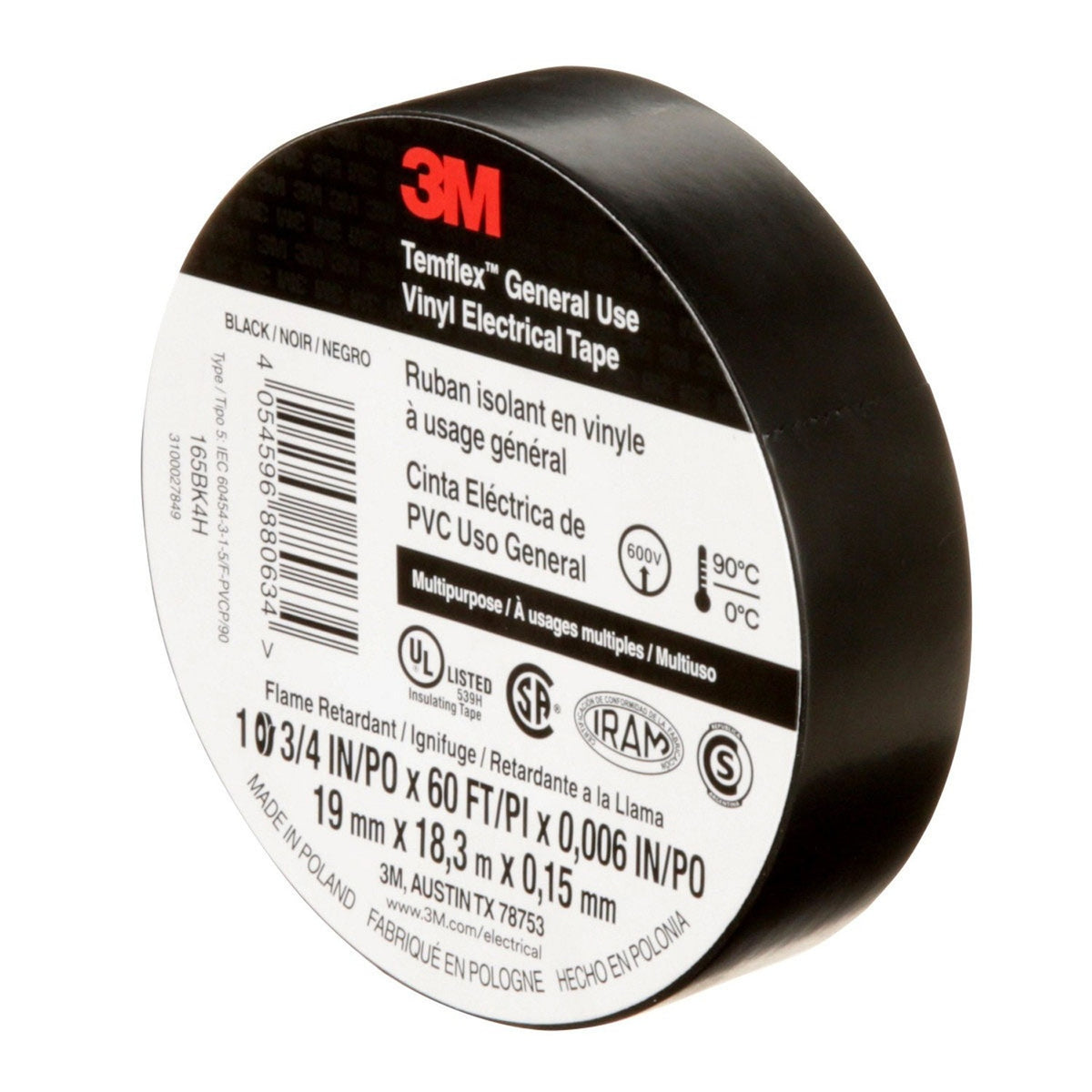 3M 165BK4A Temflex Vinyl Electrical Tape 165 Black 3/4 in x 60 ft x 0 in Multi-Purpose (7100169254) (100 Pack) - 6