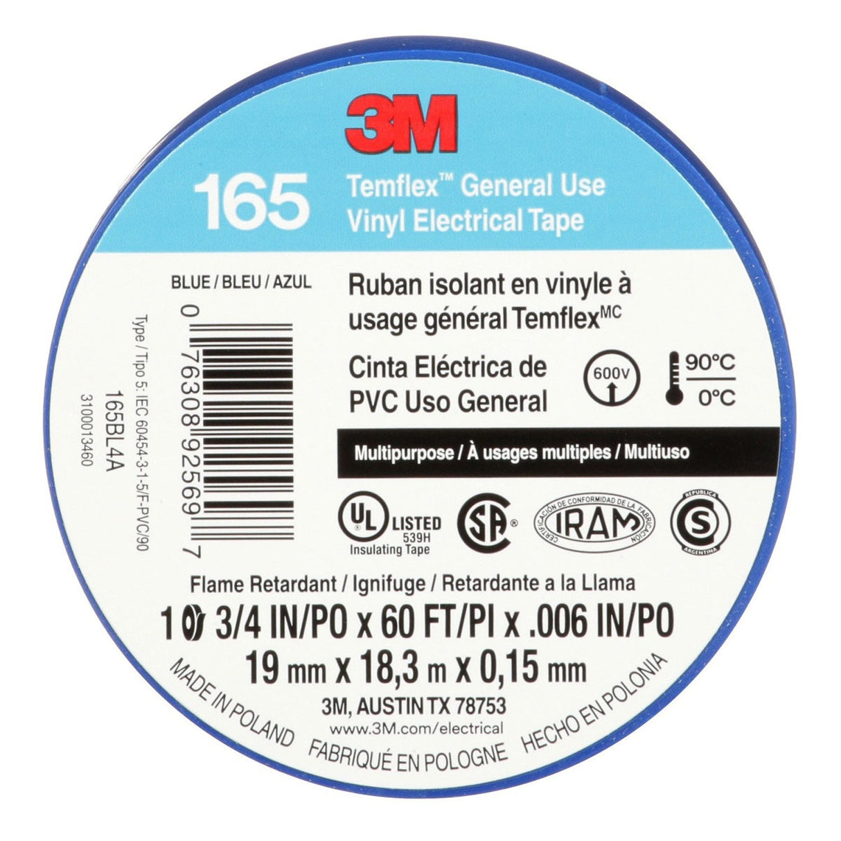 3M 165BL4A Temflex Vinyl Electrical Tape Blue 3/4 in x 60 ft 6 mil Multi-Purpose Flame Retardant (7100169429) (10 Pack)