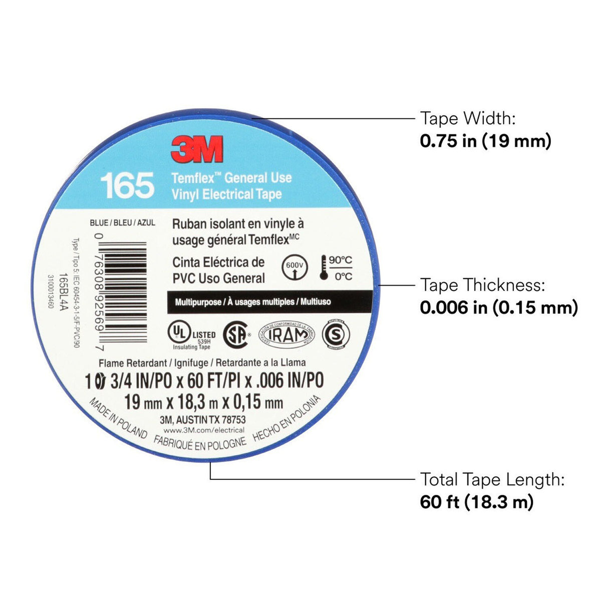 3M 165BL4A Temflex Vinyl Electrical Tape Blue 3/4 in x 60 ft 6 mil Multi-Purpose Flame Retardant (7100169429) (10 Pack) - 9