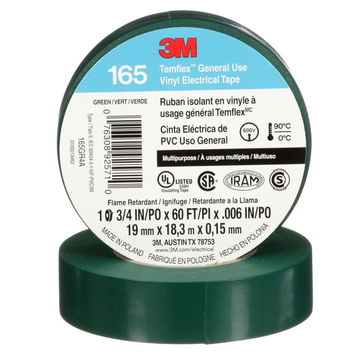 3M 165 Temflex Multi-Purpose Vinyl Electrical Tape, Green, 3/4 in x 60 ft, 6 mil, 600 V, PVC, Flame Retardant (165GR4A) (7100169430) (10 Rolls) (10 Pack) - 2