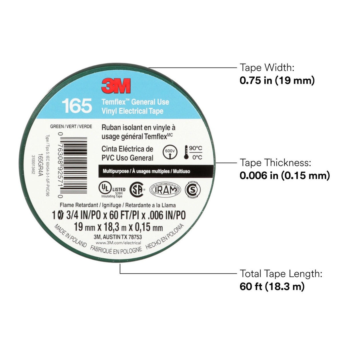 3M 165 Temflex Multi-Purpose Vinyl Electrical Tape, Green, 3/4 in x 60 ft, 6 mil, 600 V, PVC, Flame Retardant (165GR4A) (7100169430) (10 Rolls) (10 Pack) - 9