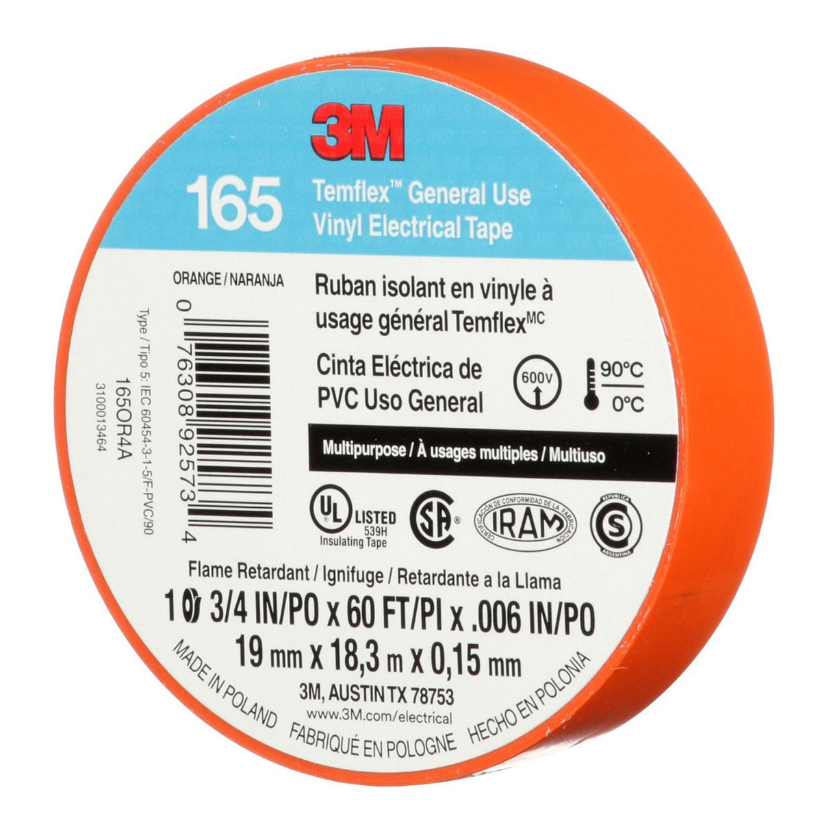 3M 165OR4A Temflex Multi-Purpose Vinyl Electrical Tape, Orange, 3/4 in x 60 ft, 6 mil (7100169433) (10 Pack) - 4