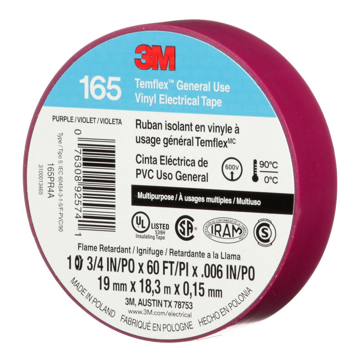 3M 165 Temflex Multi-Purpose Vinyl Electrical Tape, Purple, 3/4 in x 60 ft, 6 mil (165PR4A) (7100169434) (10 Roll Pack) (10 Pack) - 6