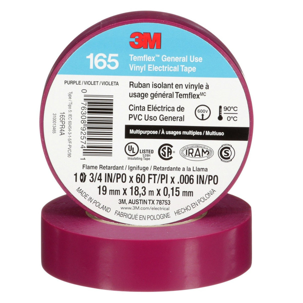 3M 165 Temflex Multi-Purpose Vinyl Electrical Tape, Purple, 3/4 in x 60 ft, 6 mil (165PR4A) (7100169434) (10 Roll Pack) (10 Pack) - 8