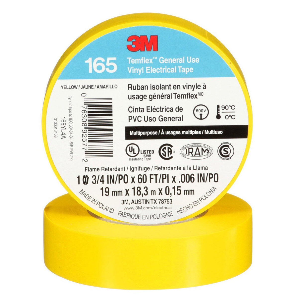 3M 165 165YL4A Temflex General Use Vinyl Electrical Tape, Yellow, 3/4 in x 60 ft, 6 mil (7100169490) (10 Pack) - 4