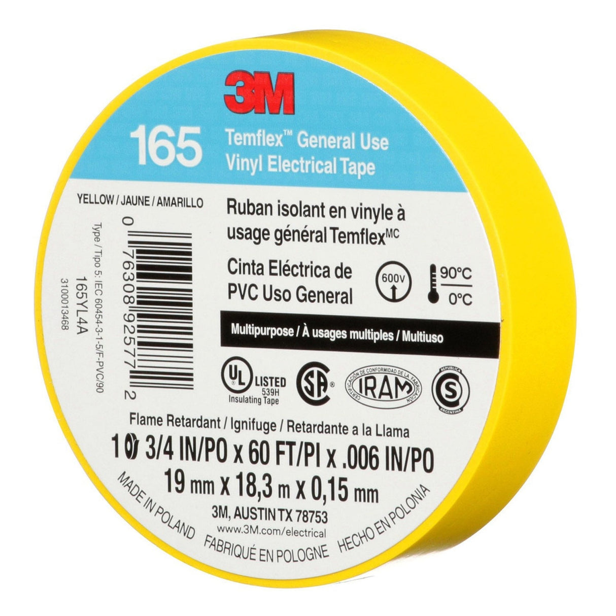 3M 165 165YL4A Temflex General Use Vinyl Electrical Tape, Yellow, 3/4 in x 60 ft, 6 mil (7100169490) (10 Pack) - 5