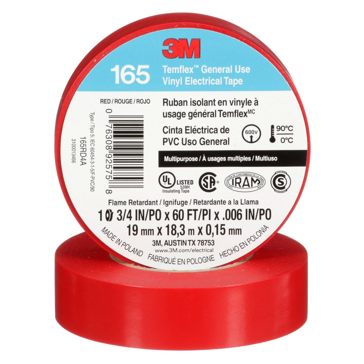 3M 165 Temflex Vinyl Electrical Tape, Red, 0.75 in x 60 ft, 6 mil, General Use, Flame Retardant (165RD4A) (7100169492) (10 Rolls/Pack) (10 Pack) - 2