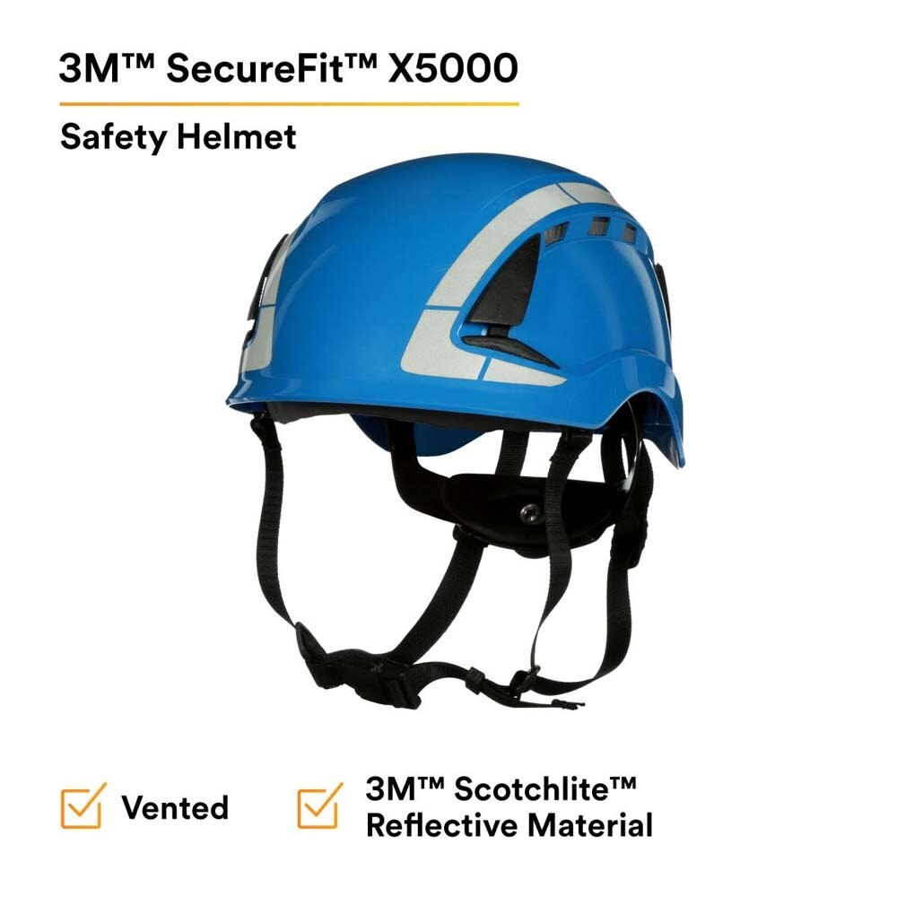 3M 7100175564 SecureFit X5000 Safety Helmet, Vented with Scotchlite Reflective Material, Blue, 6-Point Ratchet Suspension - 2