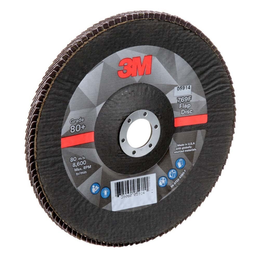 3M 7100177999 Flap Disc 769F Type 29, 80+ Grit, 7 in x 7/8 in for Grinding and Finishing on Carbon and Stainless Steel (5 Pack) - 3