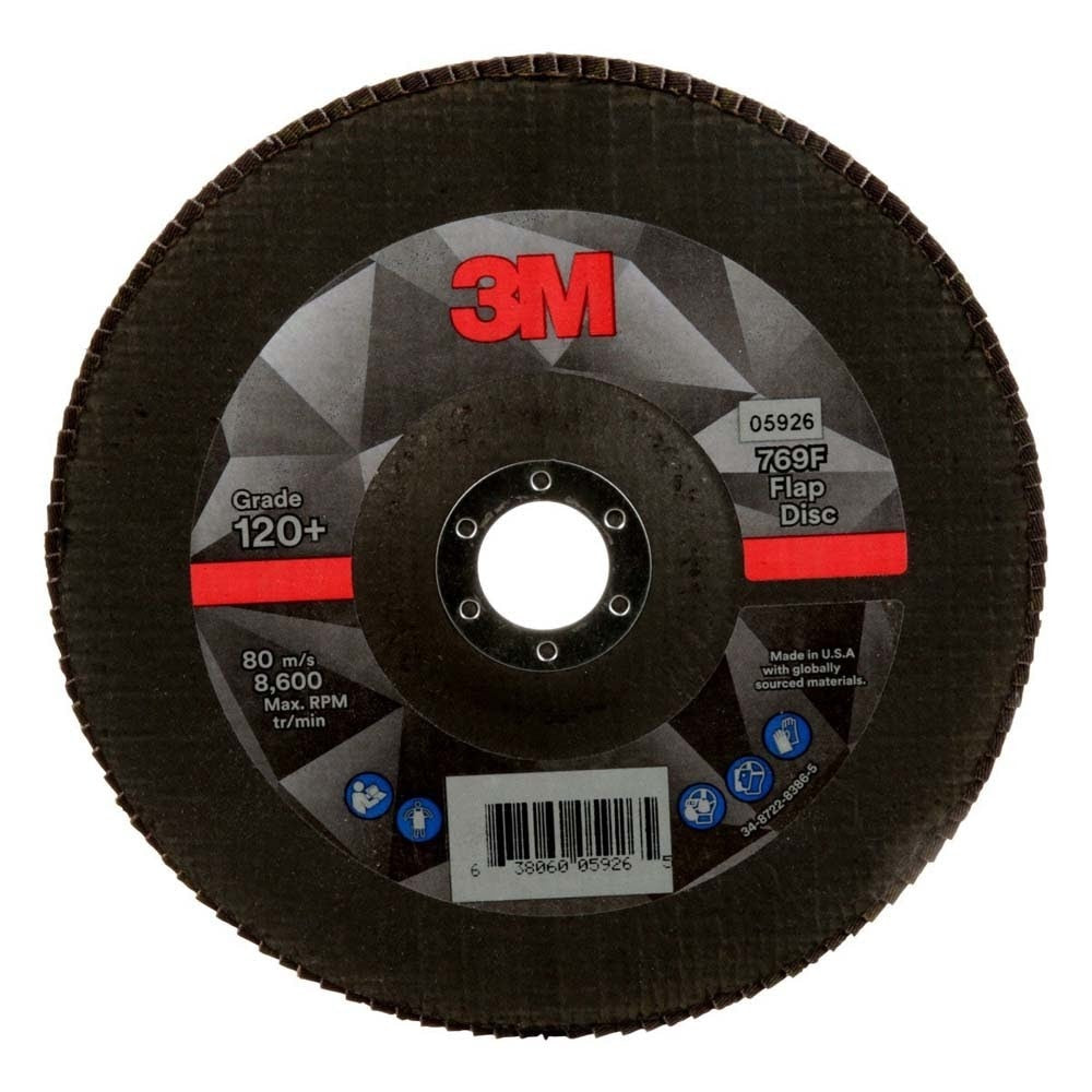 3M 7100178090 Flap Disc 769F Type 27, 120+ Grit, 7 in x 7/8 in for Grinding and Finishing on Carbon and Stainless Steel (5 Pack)