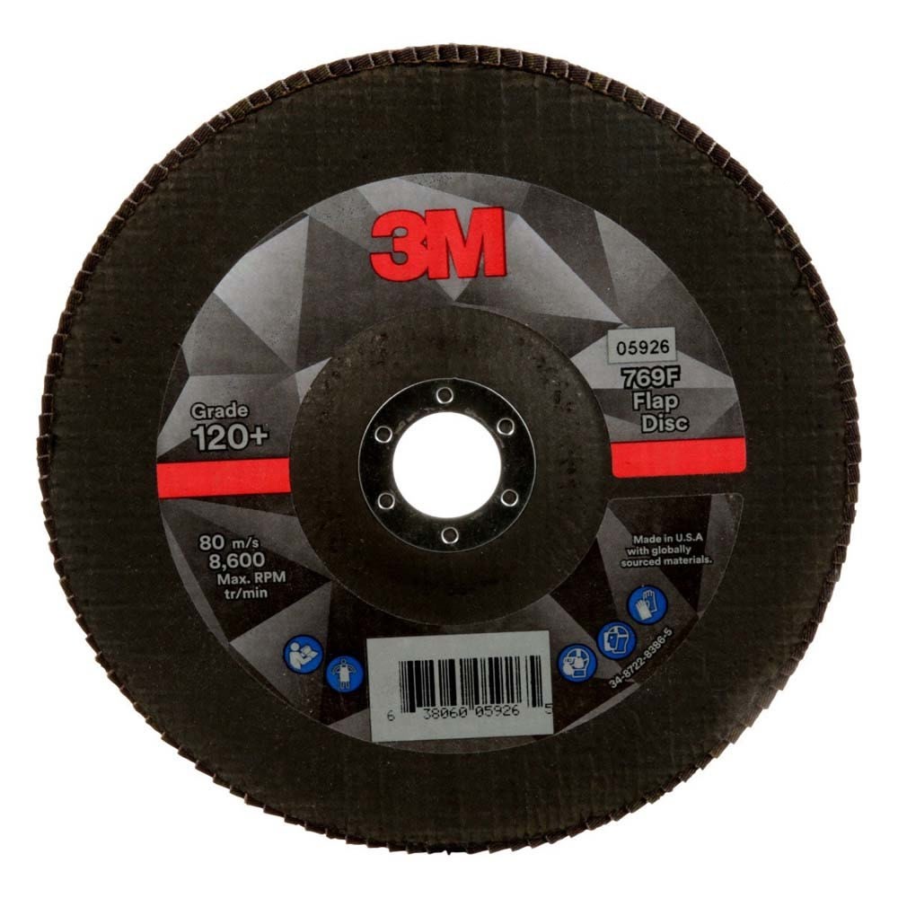 3M 769F Flap Disc Type 27, 120+ Grit, 7 in x 7/8 in for Grinding and Finishing on Carbon and Stainless Steel (7100178090) (5 Pack)