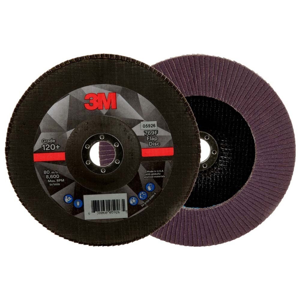 3M 7100178090 Flap Disc 769F Type 27, 120+ Grit, 7 in x 7/8 in for Grinding and Finishing on Carbon and Stainless Steel (5 Pack) - 2