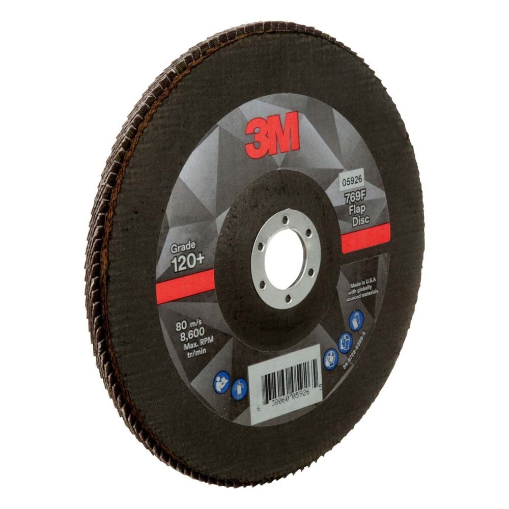 3M 7100178090 Flap Disc 769F Type 27, 120+ Grit, 7 in x 7/8 in for Grinding and Finishing on Carbon and Stainless Steel (5 Pack) - 4
