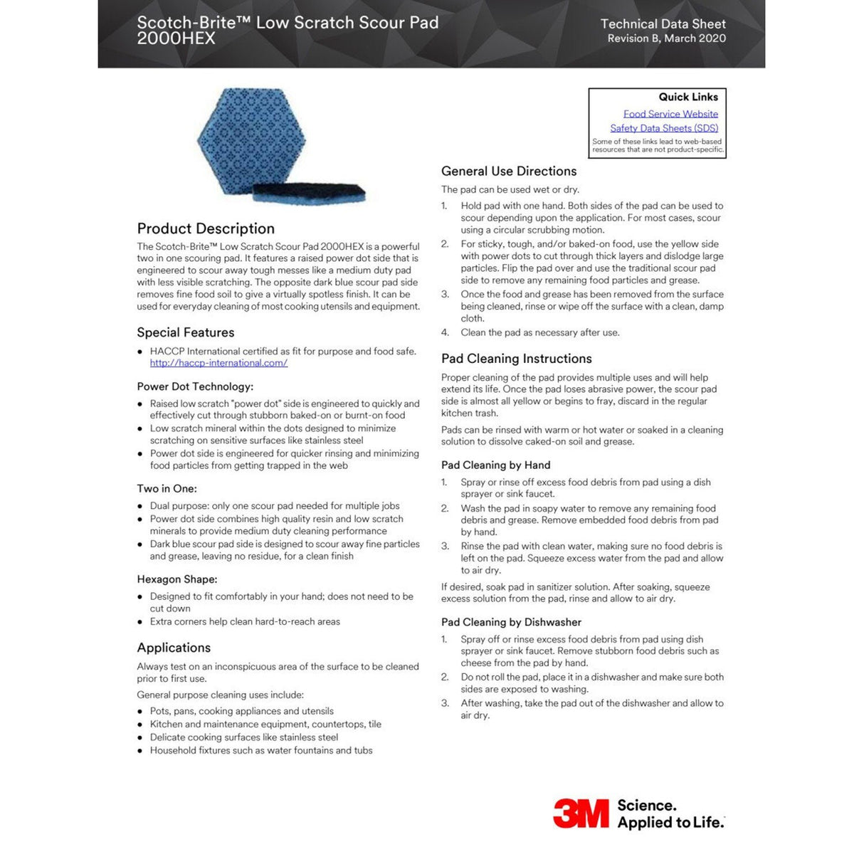 3M 2000HEX Scotch-Brite Low Scratch Scour Pad, Blue, 5-3/4 in x 5 in (7100206480) (15 Pack) - 7