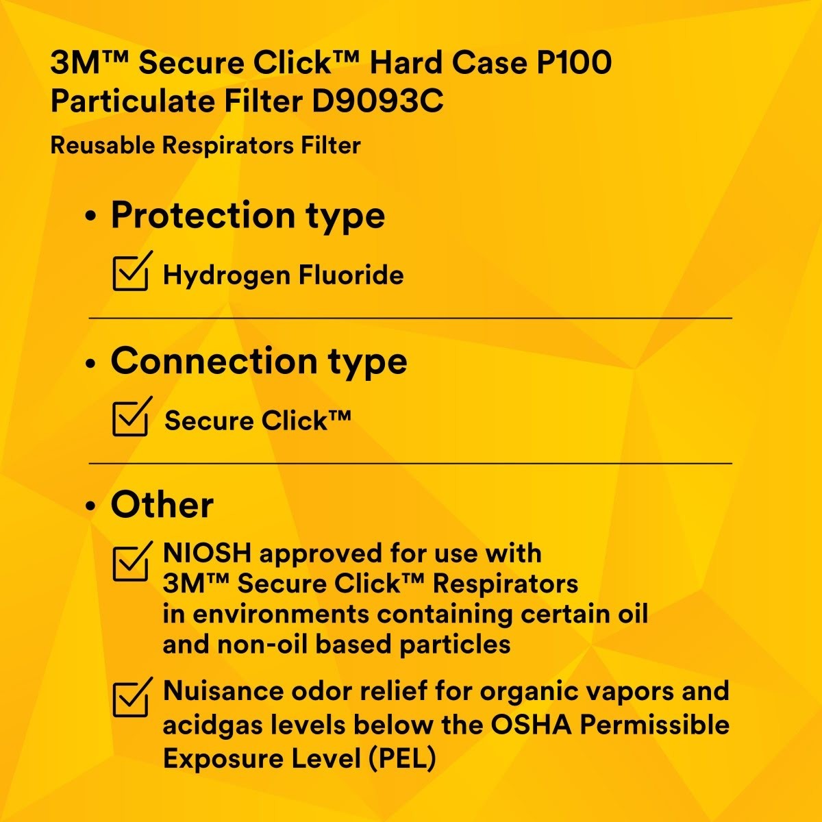 3M Secure Click Hard Case P100 Particulate Filter with Hydrogen Fluoride and Nuisance Level OV/AG Relief, NIOSH Approved (D9093C) (7100206890) (1 Pair) (30 Pack) - 8