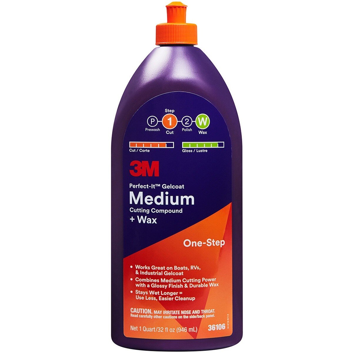3M 36106 Gelcoat Medium Cutting Compound + Wax, 1 Quart, One-Step, P1500 and Finer Scratches, Fiberglass Oxidation Remover for Boats and RVs (7100210899) (6 Pack)