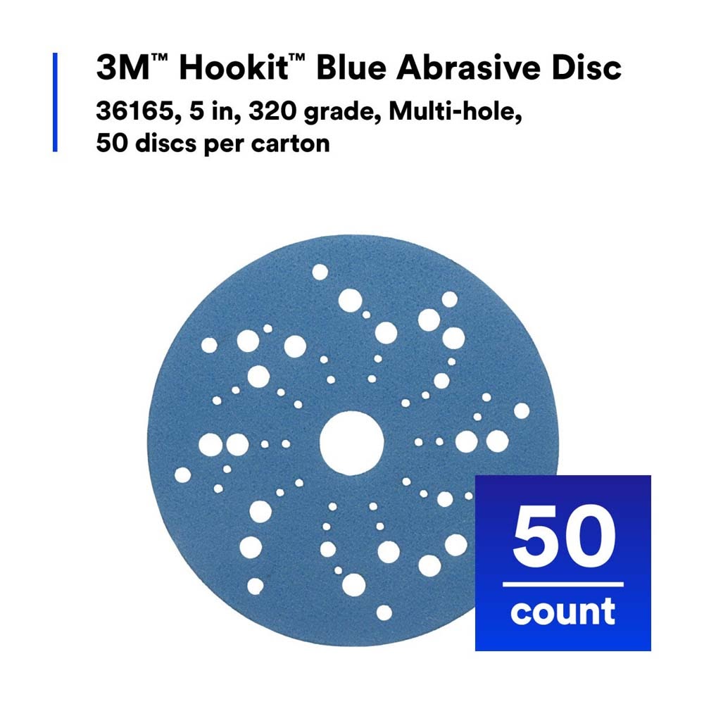 3M 7100215945 Hookit Blue Abrasive Disc 321U 36165 5 in 320 Multi-hole Discs (50 Pack) - 9
