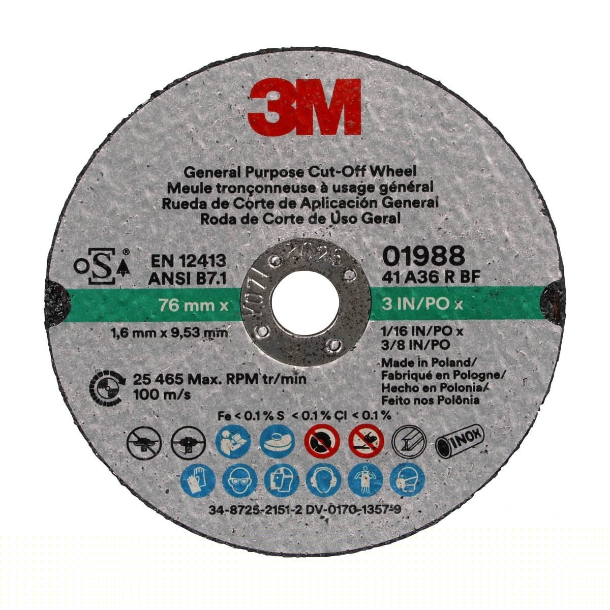 3M 01988 General Purpose Cut Off Wheel, Aluminum Oxide, Black, 3 in x 1/16 in x 3/8 in (7100229881) (50 Pack)