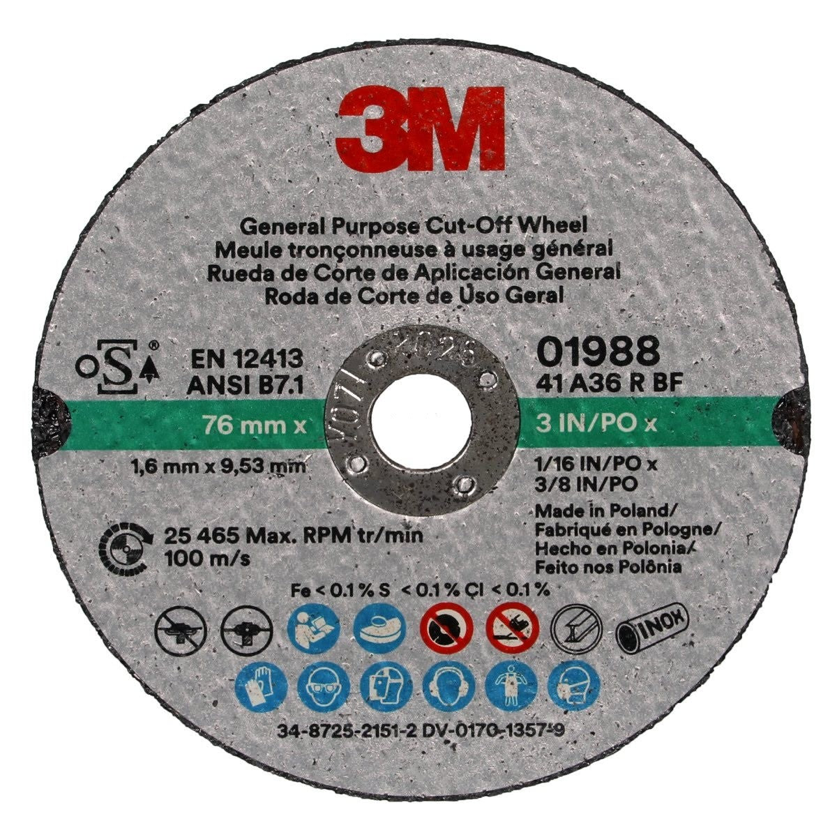 3M 01988 General Purpose Cut Off Wheel, Aluminum Oxide, Black, 3 in x 1/16 in x 3/8 in (7100229881) (50 Pack) - 5