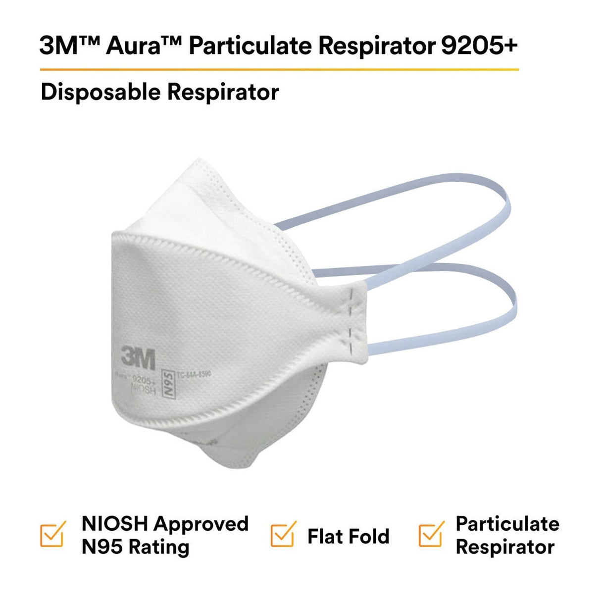 3M 9205+ BULK Aura N95 Particulate Respirator, Flat Fold 3-Panel, Standard Size, White, Individually Wrapped (7100232940) (440 Pack) - 10