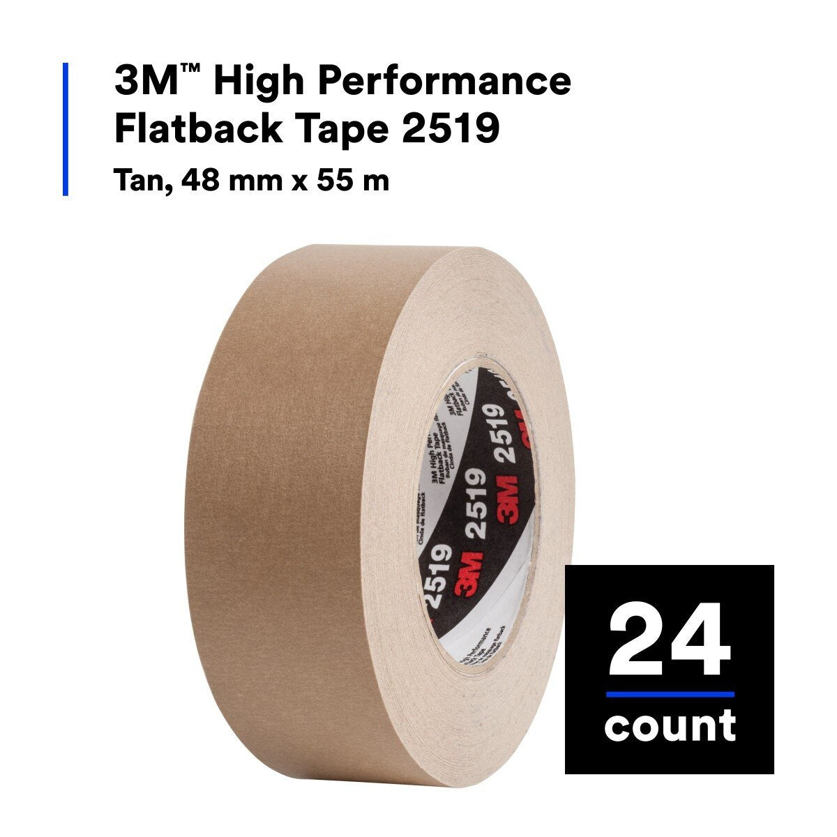 3M 2519 High Performance Flatback Tape, Tan, Kraft Paper Backing, 48 mm x 55 m (7100243535) (24 Pack) - 7