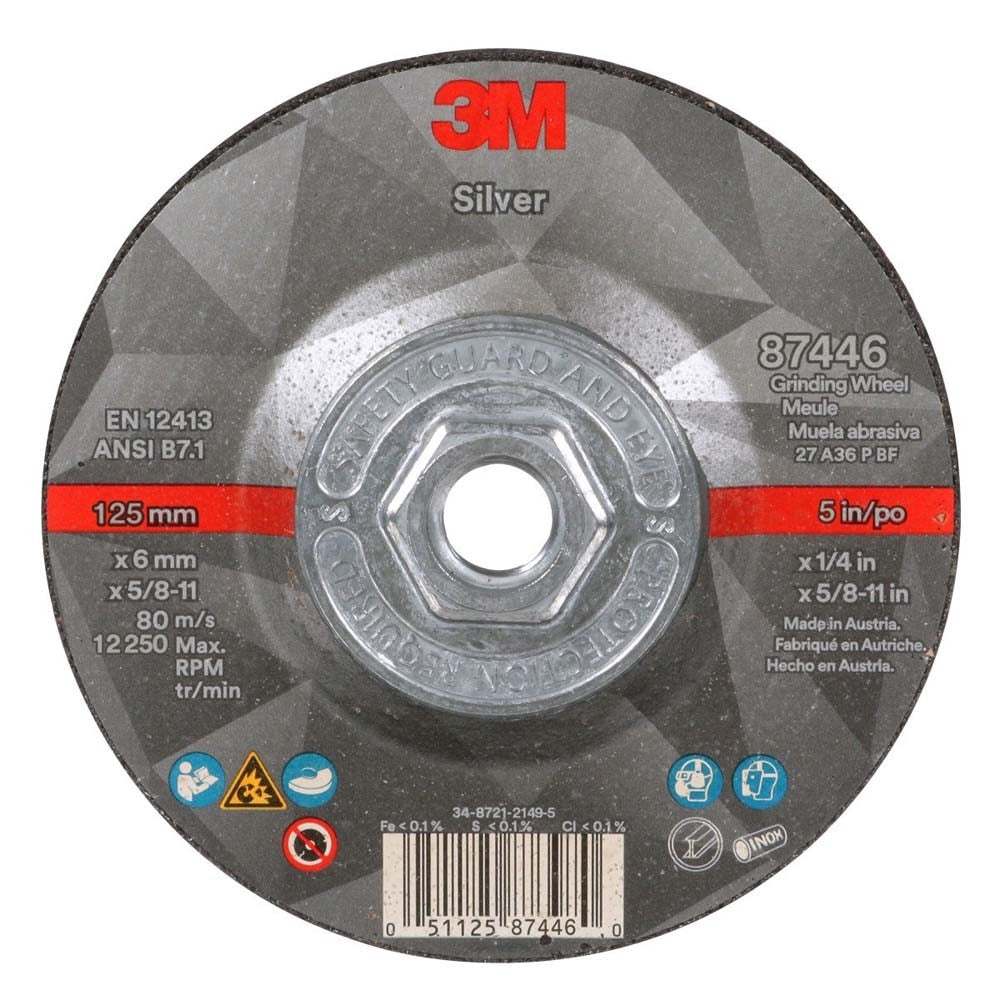 3M 7100245020 Silver Depressed Center Grinding Wheel, 87446, 36+, T27 Quick Change, 5 in x 1/4 in x 5/8 in-11 (10 Pack)