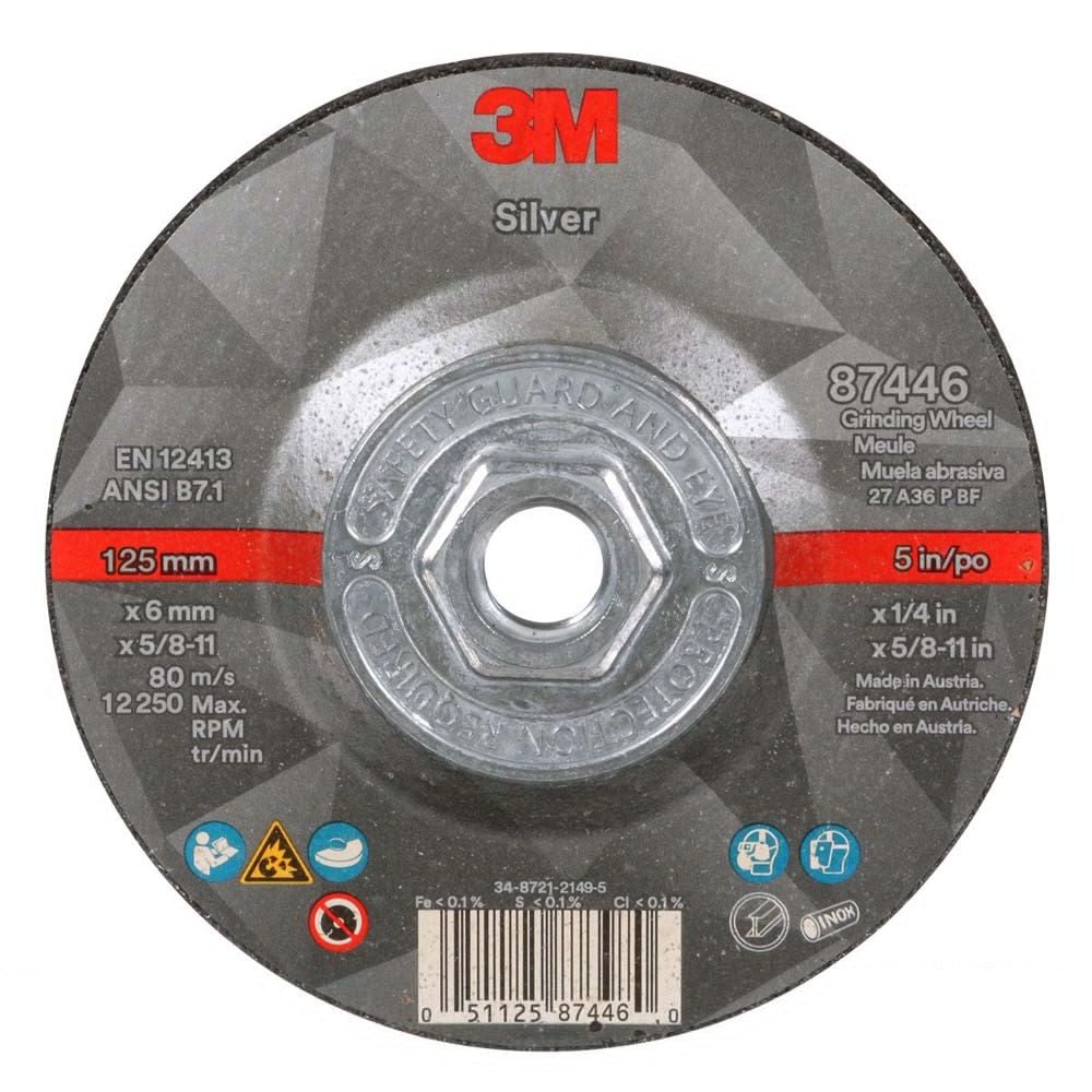 3M 87446 Silver Depressed Center Grinding Wheel, 36+, T27 Quick Change, 5 in x 1/4 in x 5/8 in-11 (7100245020) (10 Pack)