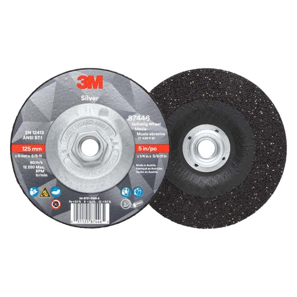 3M 87446 Silver Depressed Center Grinding Wheel, 36+, T27 Quick Change, 5 in x 1/4 in x 5/8 in-11 (7100245020) (10 Pack) - 2