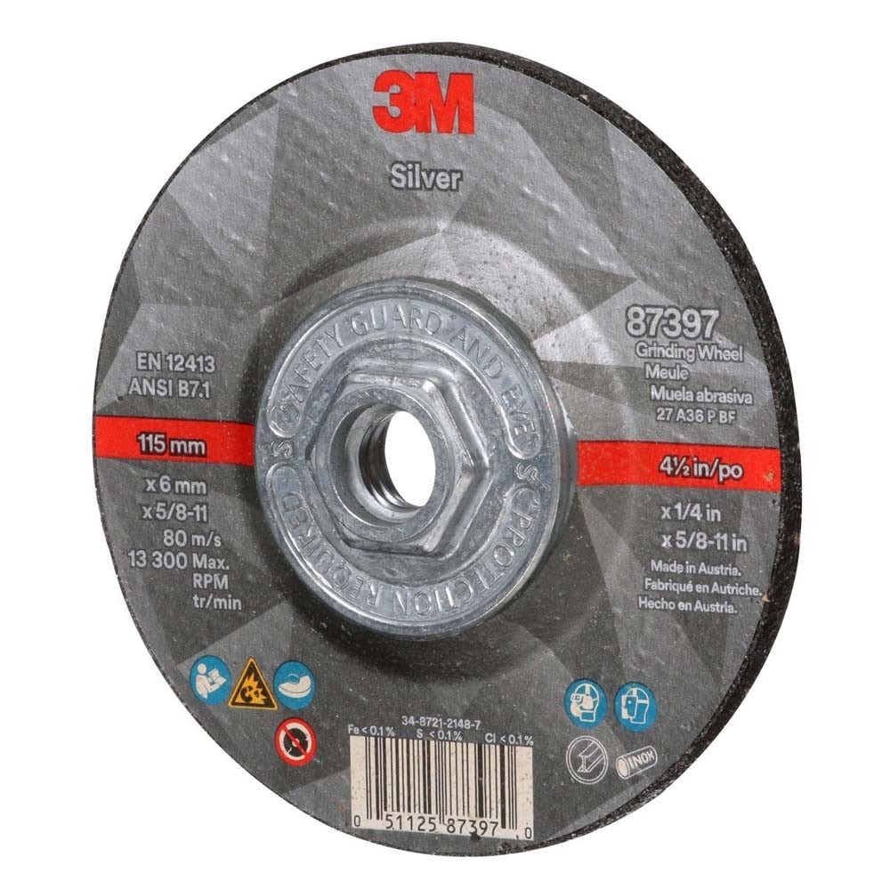 3M 7100245024 Silver Depressed Center Grinding Wheel, 87397, 36+, T27 Quick Change, 4.5 in x 1/4 in x 5/8 in-11 (10 Pack) - 3