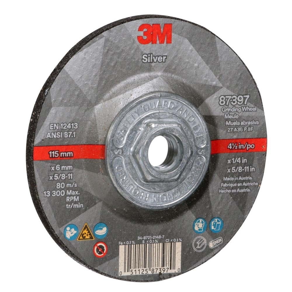 3M 7100245024 Silver Depressed Center Grinding Wheel, 87397, 36+, T27 Quick Change, 4.5 in x 1/4 in x 5/8 in-11 (10 Pack) - 4