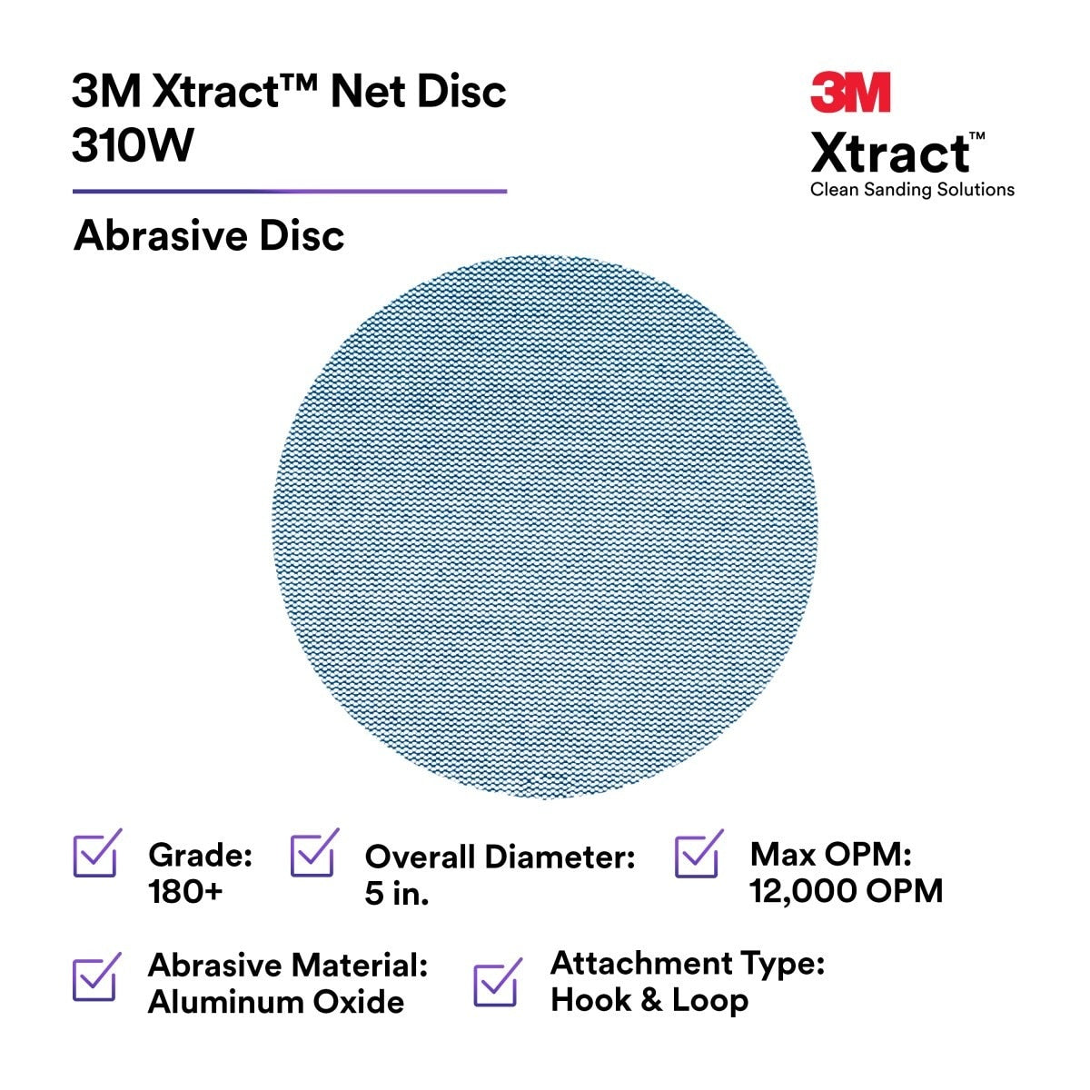 3M 310W Xtract Hookit Net Disc, 180+, Blue, 5 in x NH, Die 500X, for Metal Wood Composites (7100247523) (500 Pack) - 2