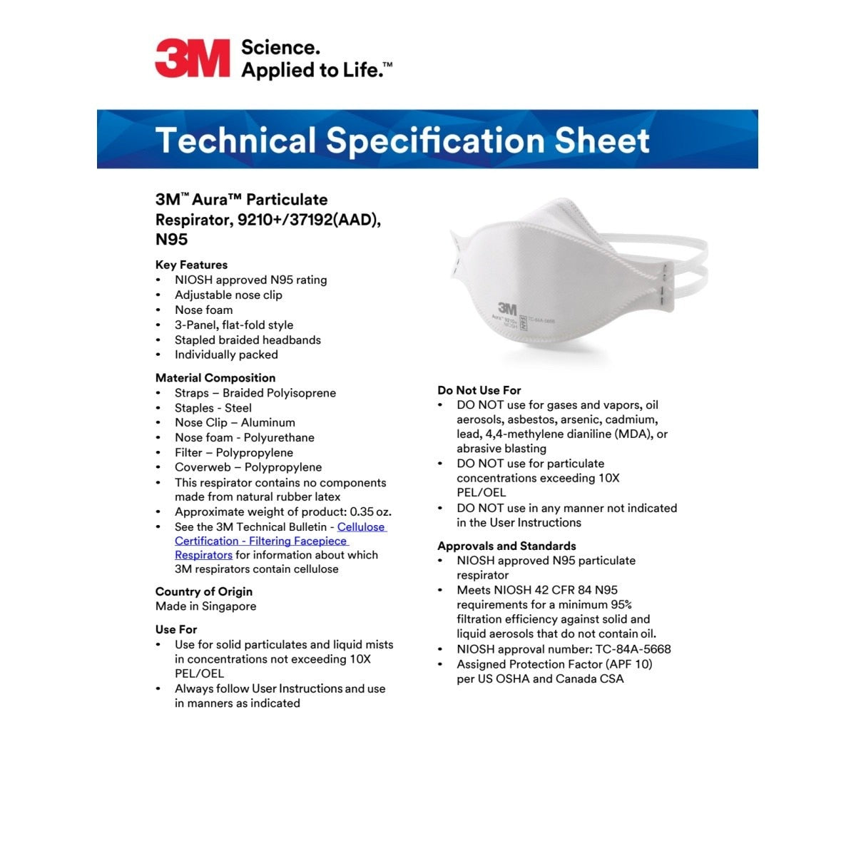3M 37192 Aura Particulate Respirator 9210+, N95 Disposable Individually Wrapped Flat Fold, White (7100266132) (240 Pack) - 6