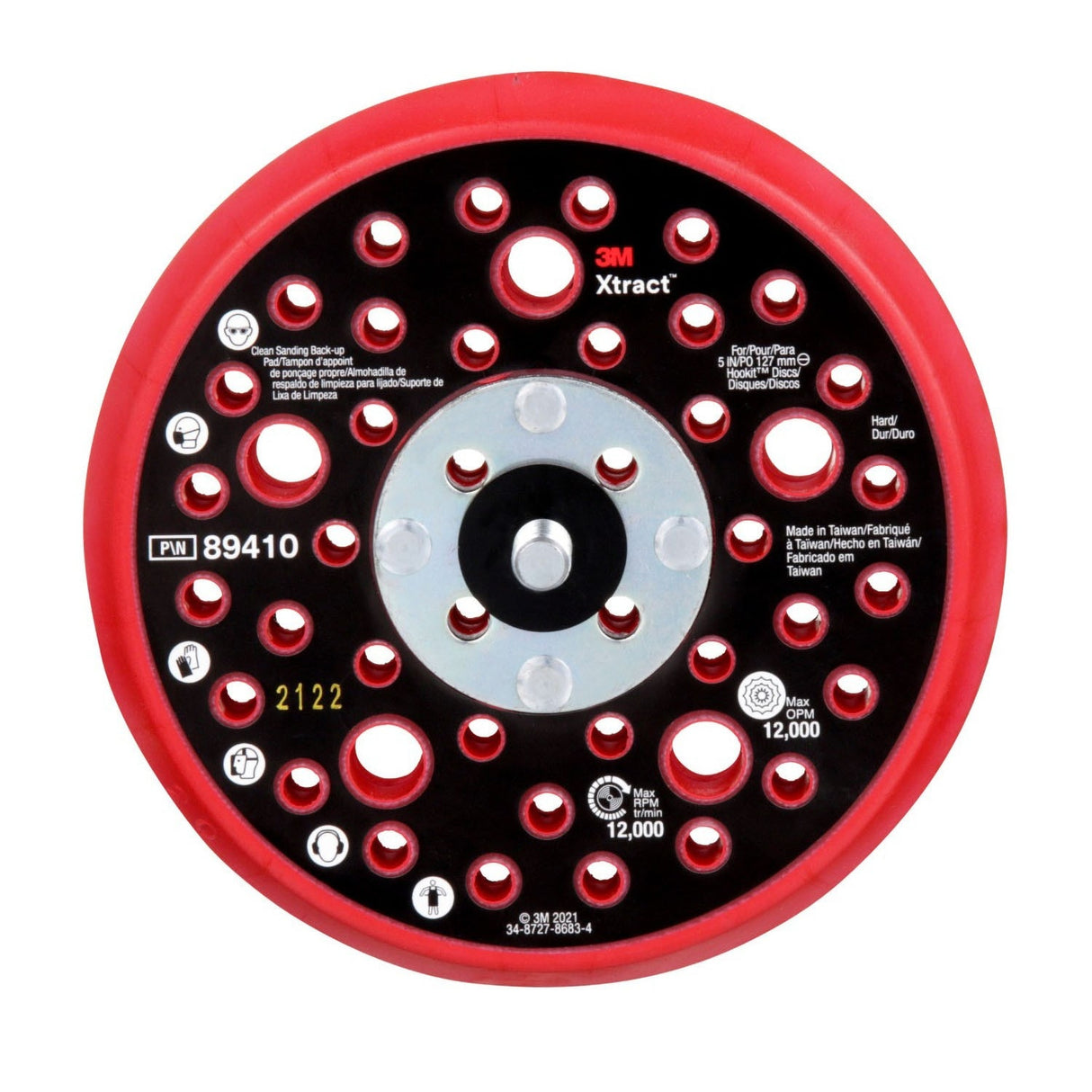 3M Xtract Hookit Hook and Loop Sanding Disc Backup Pad, Hard, Red, 5 in, 44 Holes, Low Profile, Max 12000 RPM OPM, 5/16-24 EXT (89410) (7100273463) (10 Pack)