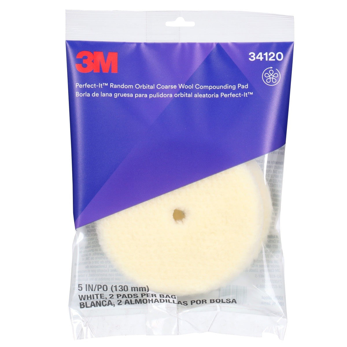 3M 34120 Hookit Random Orbital Coarse Wool Compounding Pads, White, 5 in x 130 mm (7100276851) (12 Pack) - 6