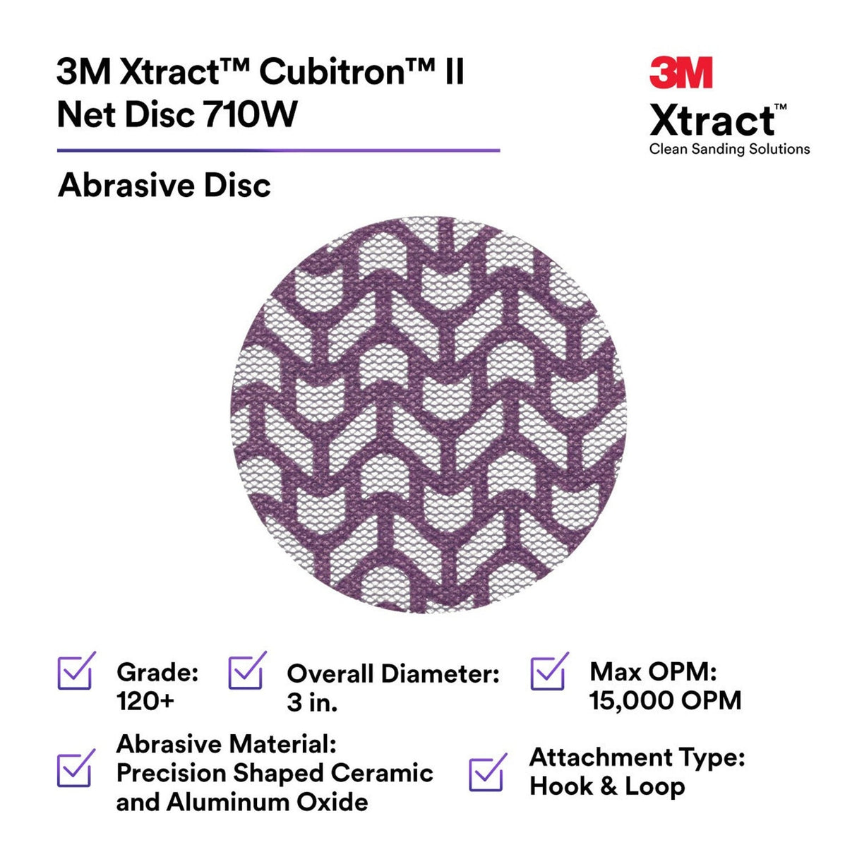 3M 710W Cubitron II Hookit Net Disc, 120+, Purple, 3 in x NH, Die 300V (7100287828) (300 Pack) - 2