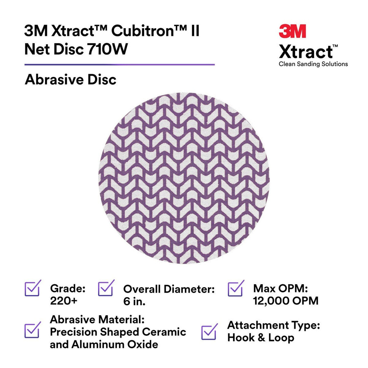 3M 710W Xtract Cubitron II Net Disc, 220 Plus, Hook and Loop, Purple, 6 in, Die 600Z (7100288135) (300 Pack) - 3