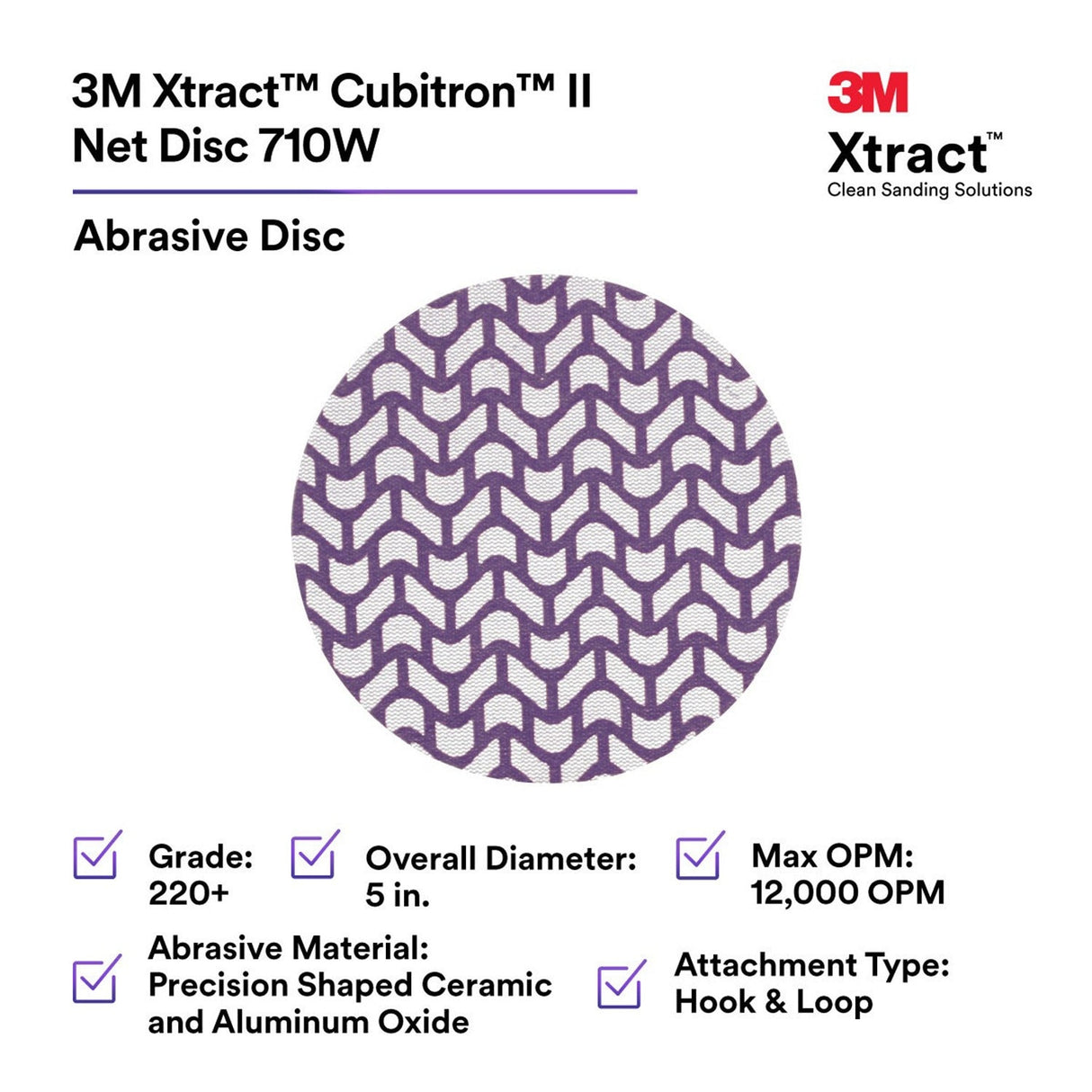 3M 710W Cubitron II Hookit Net Disc, 220+, Purple, 5 in x NH, Die 500X (7100288230) (300 Pack) - 2