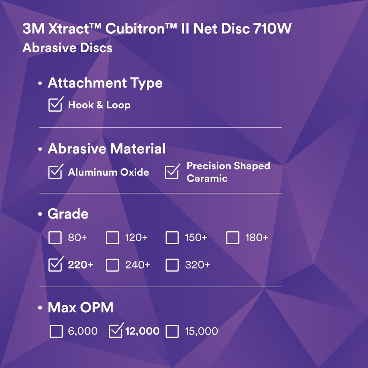 3M 710W Cubitron II Hookit Net Disc, 220+, Purple, 5 in x NH, Die 500X (7100288230) (300 Pack) - 3
