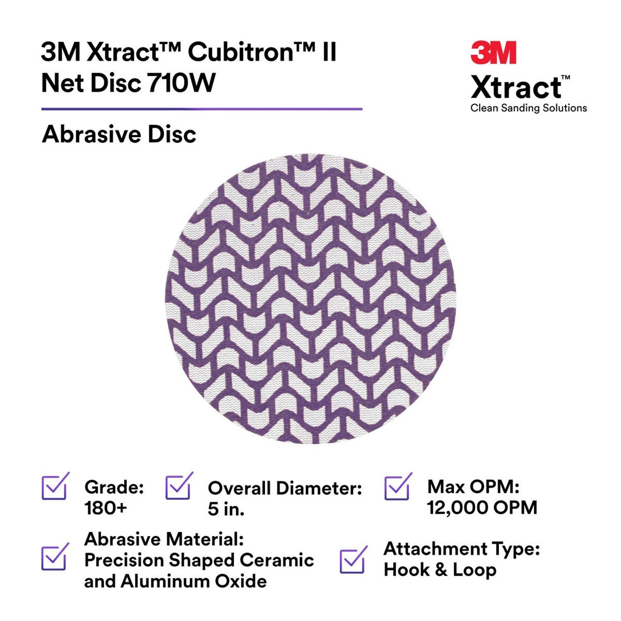 3M 710W 88473 Cubitron II Hookit Xtract Net Disc, 180+, Purple, 5 in, Die 500X (7100288231) (300 Pack) - 3